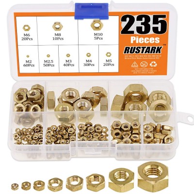 Suleve MXBN9 235Pcs M2 M2 5 M3 M4 M5 M6 M8 M10 Metric Grade 360 Brass Hexagon Hex Nut Assortment Kit